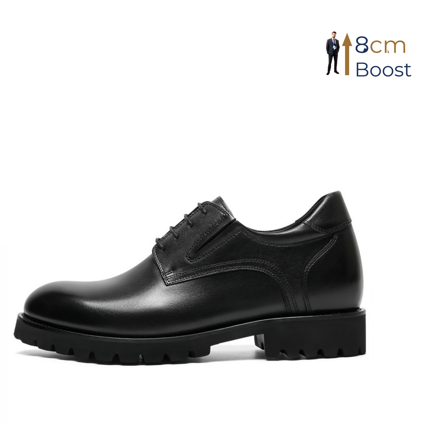 Black leather shoe with a 8cm boost feature on a white background