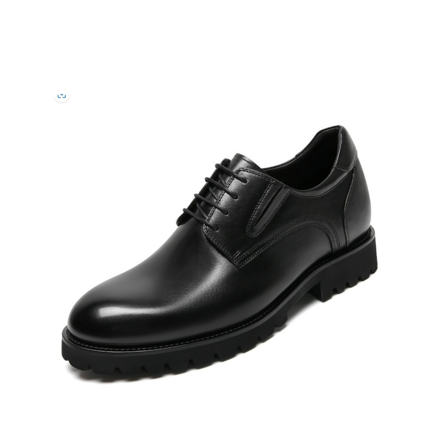 Black leather dress shoe on a white background