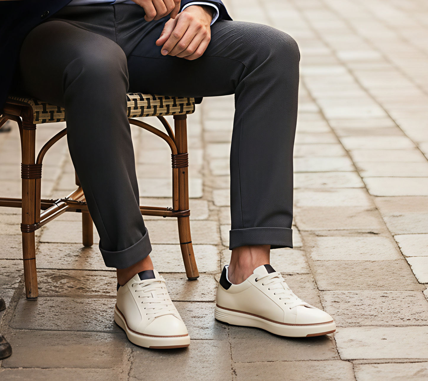 Person wearing white sneakers with dark pants sitting on a wooden chair outdoors.