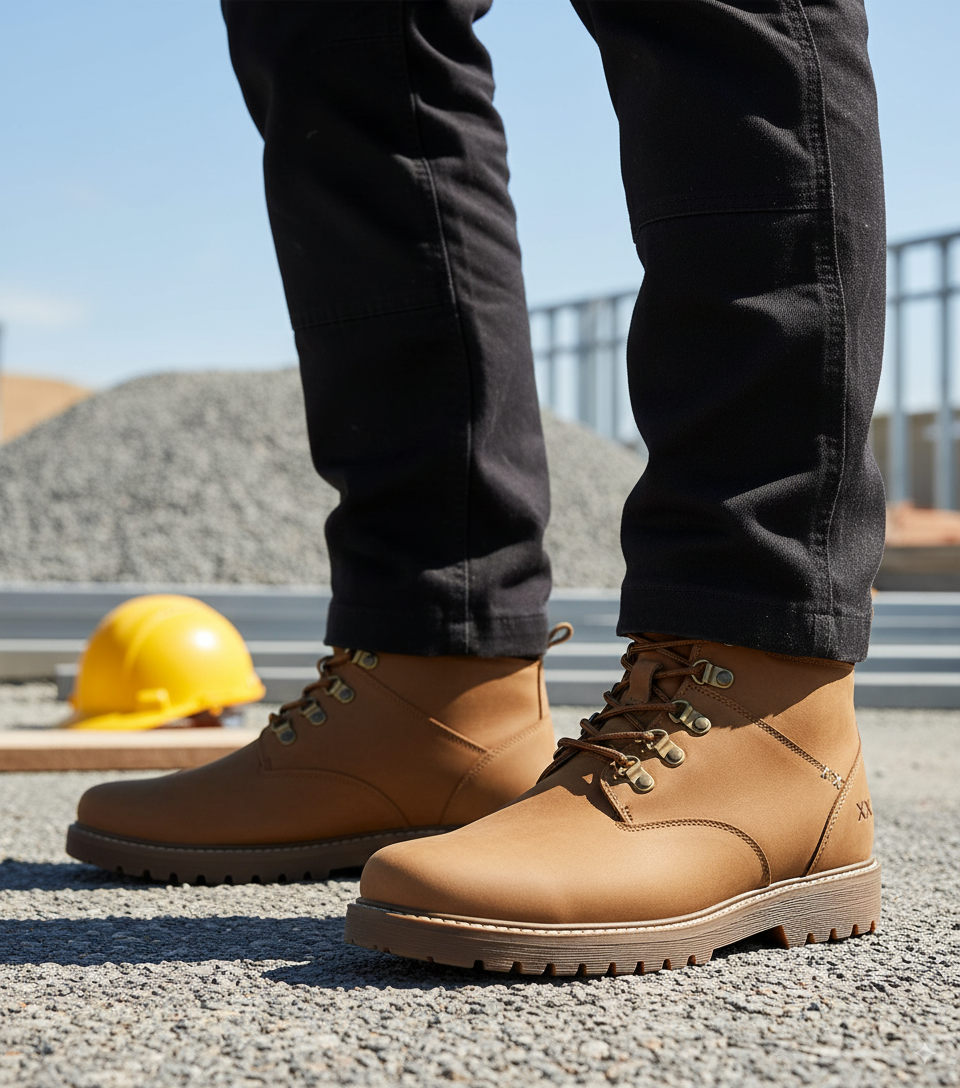 Brown work boots worn with black pants on a construction site.