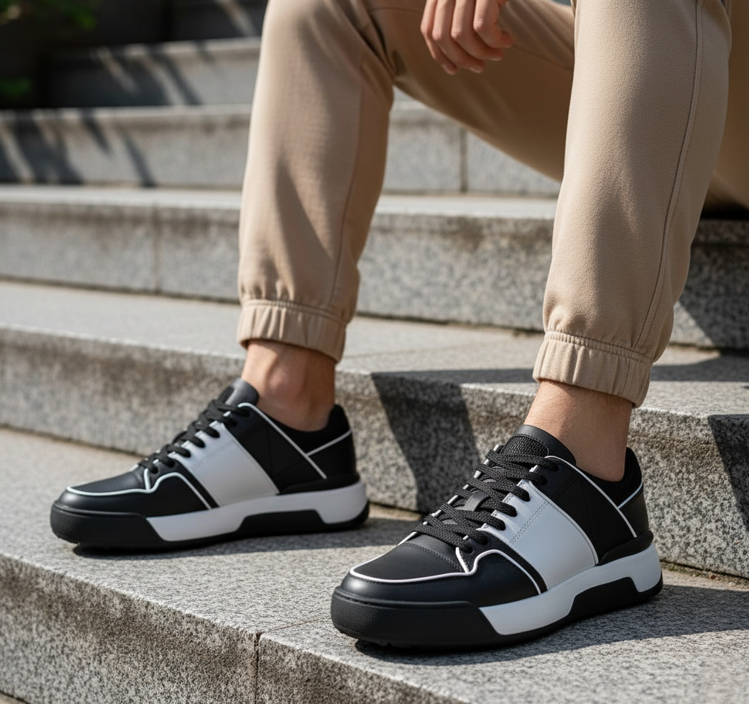 Black and white sneakers worn on a person sitting on steps.