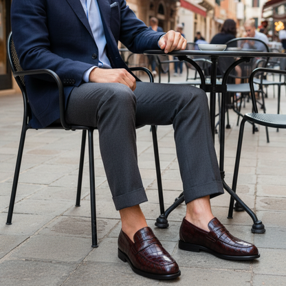 Man in a suit sitting at an outdoor cafe table in an urban setting