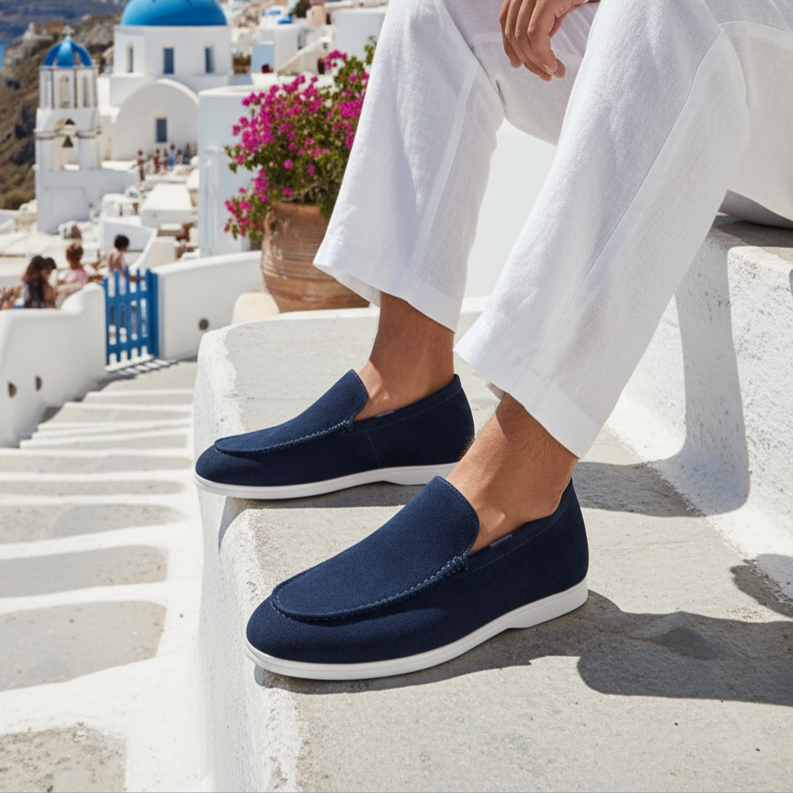 Person wearing navy loafers with a scenic background of white buildings and blue domes.
