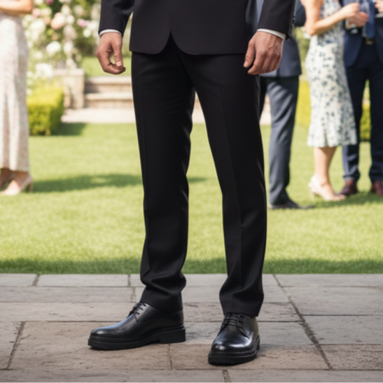 Man in a black suit standing outdoors with people and greenery in the background