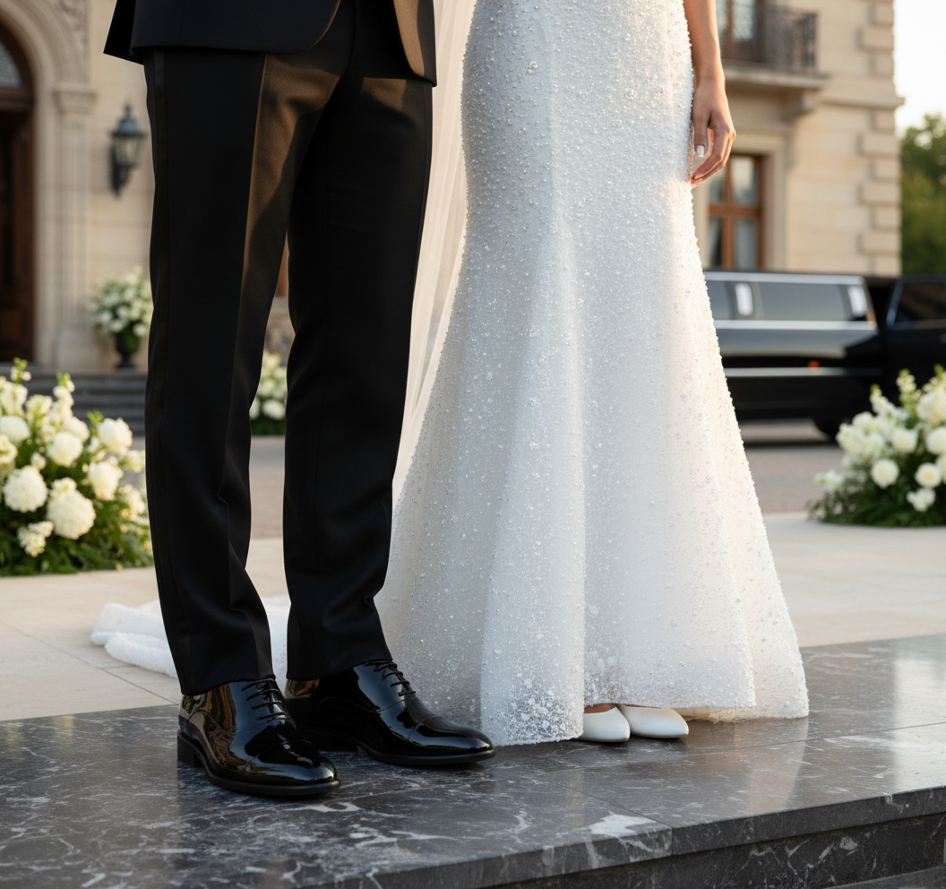 Close-up of a couple's feet wearing formal shoes and a wedding dress in front of a building.