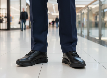 Person wearing dark dress shoes and blue pants in a shopping mall.