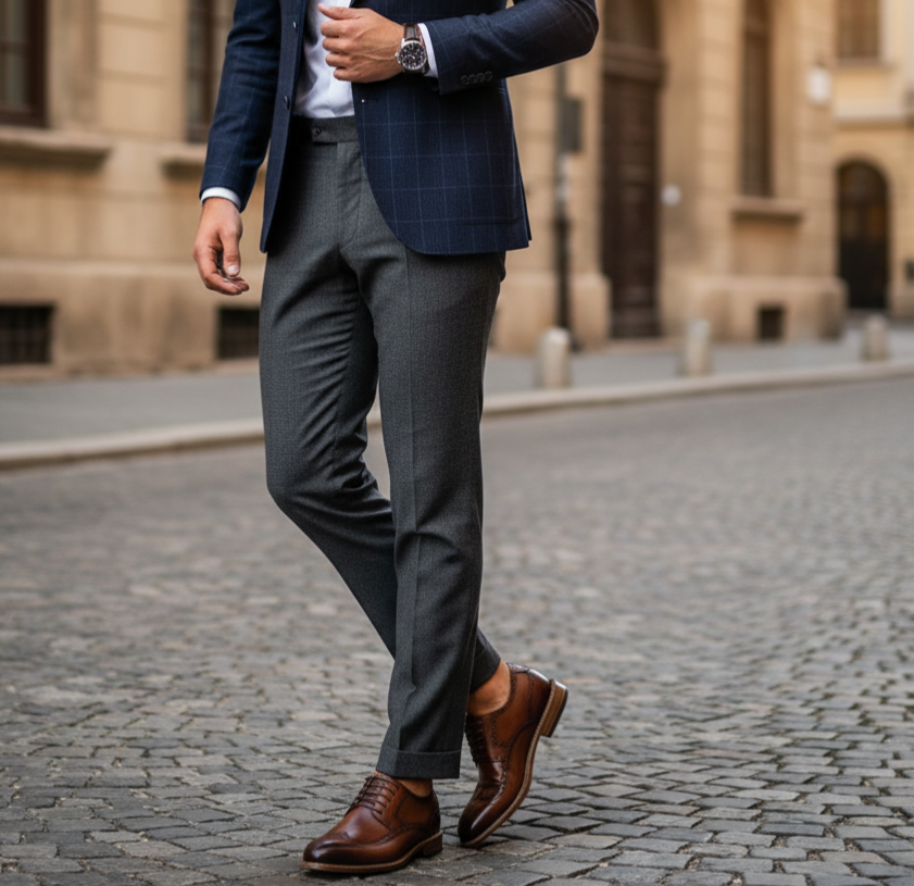 Person wearing a suit and brown shoes on a cobblestone street.