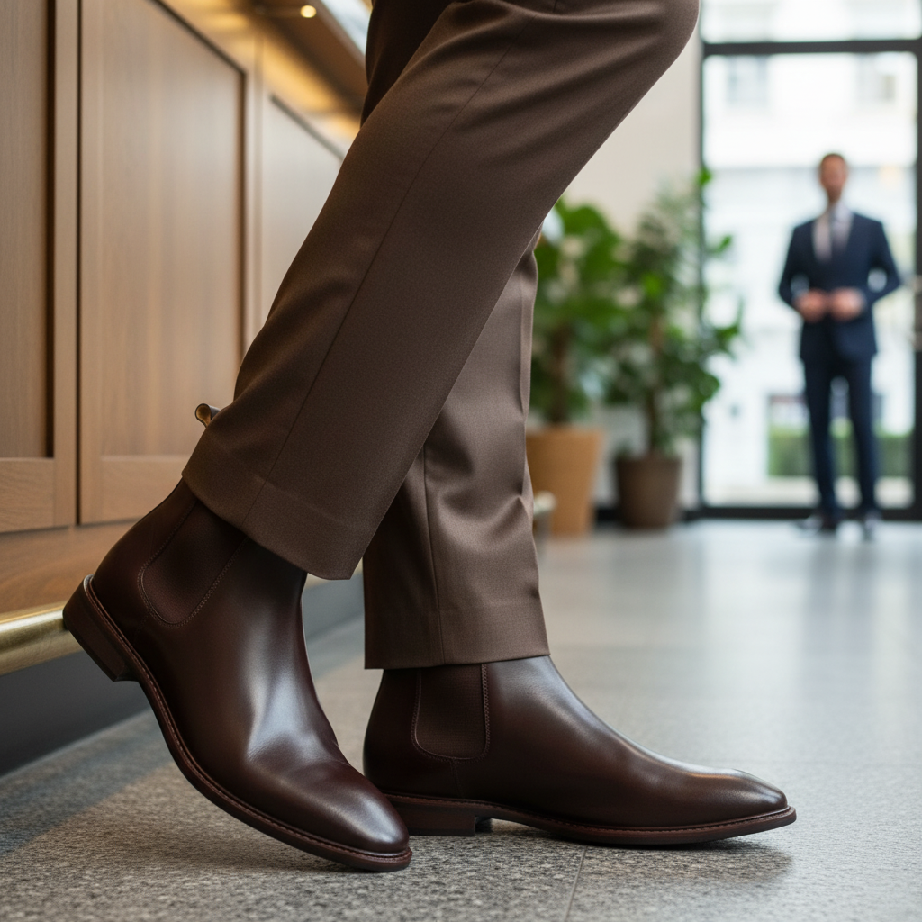 Person wearing brown dress shoes and pants in an indoor setting.