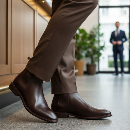 Person wearing brown dress shoes and pants in an indoor setting.