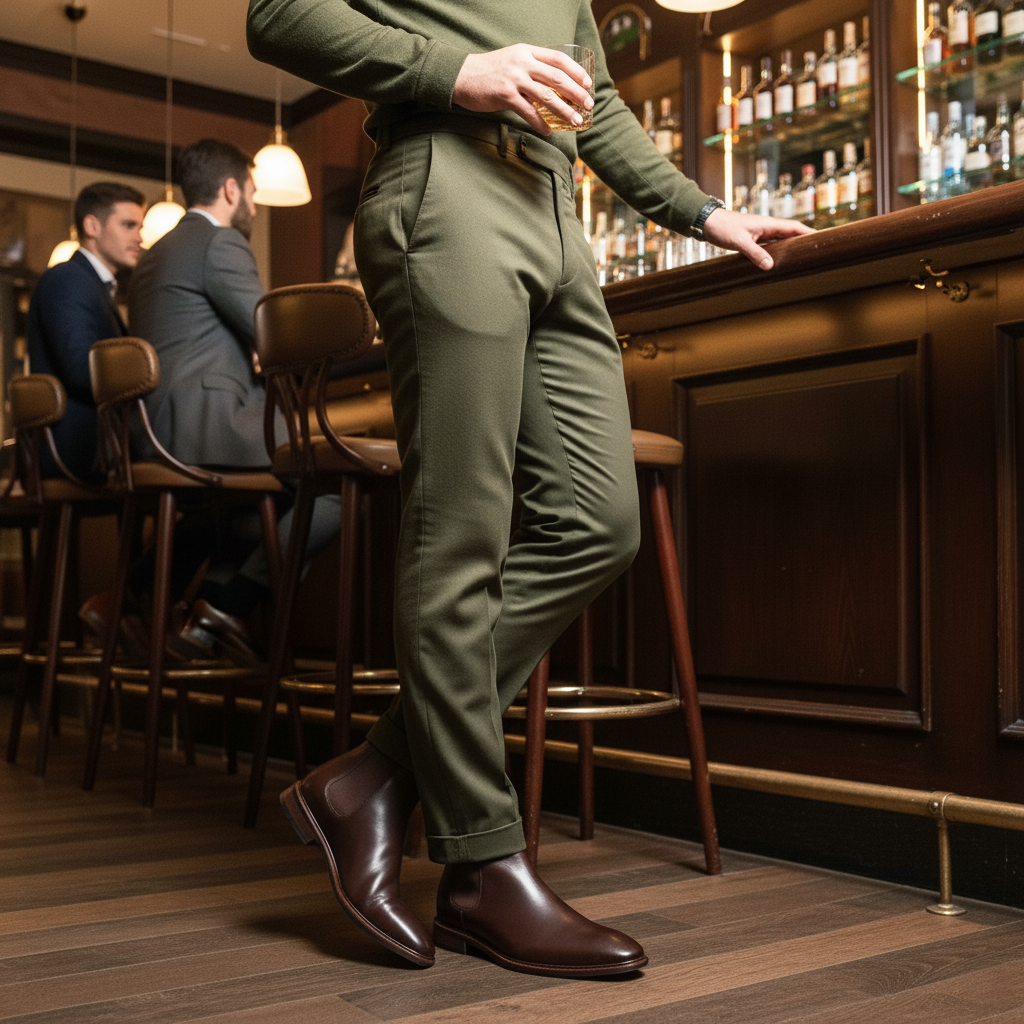 Person in a green outfit standing at a bar with a drink in a dimly lit bar setting.
